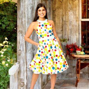 Smack Parlour Vintage Fit & Flare Midi Dress Retro Colorful Polka Dots Open Back